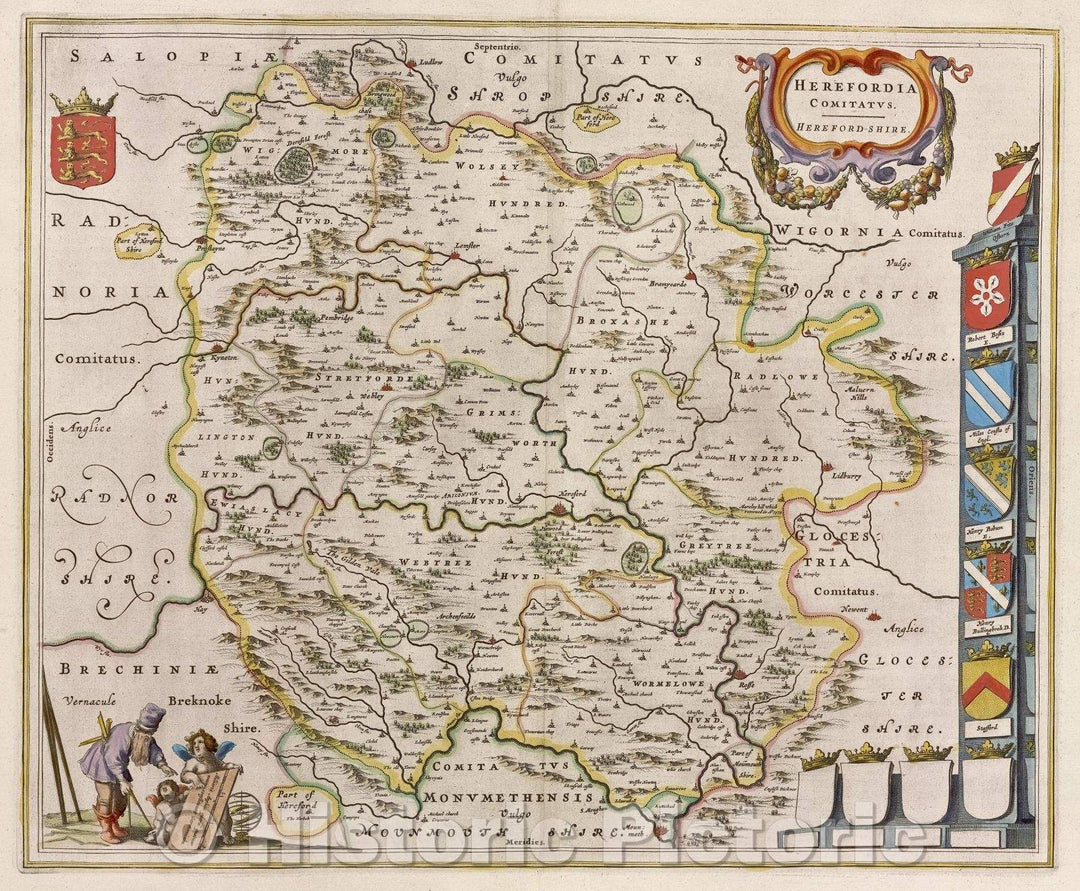 Historic Map : Herefordia comitatus. Hereford-shire., c. 1664 , Vintage Wall Art