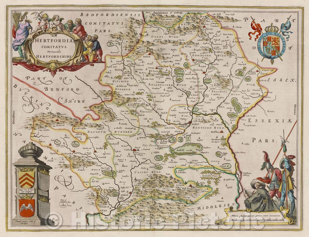 Historic Map : Hertfordia comitatus. Vernacule Hertfordshire, c. 1664 , Vintage Wall Art