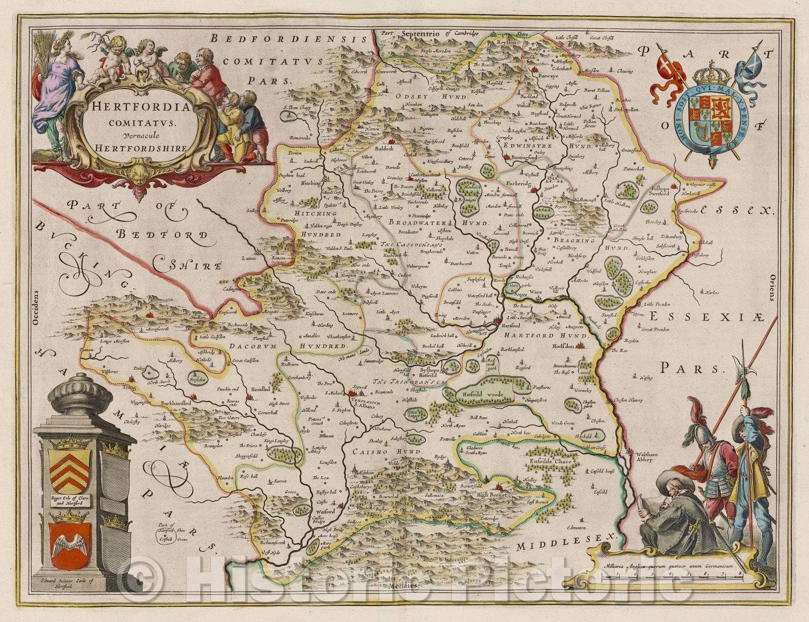 Historic Map : Hertfordia comitatus. Vernacule Hertfordshire, c. 1664 , Vintage Wall Art
