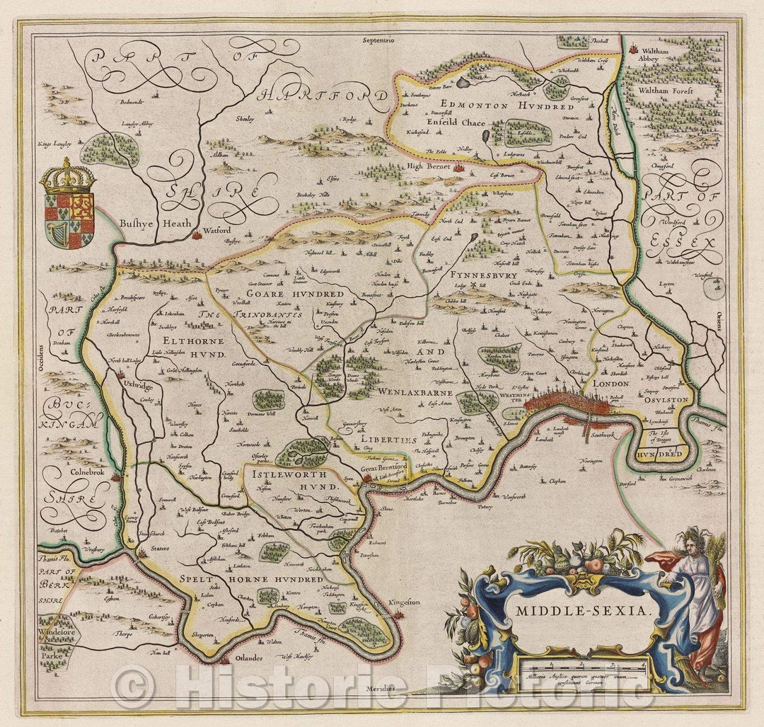 Historic Map : Middle-sexia., c. 1664 , Vintage Wall Art