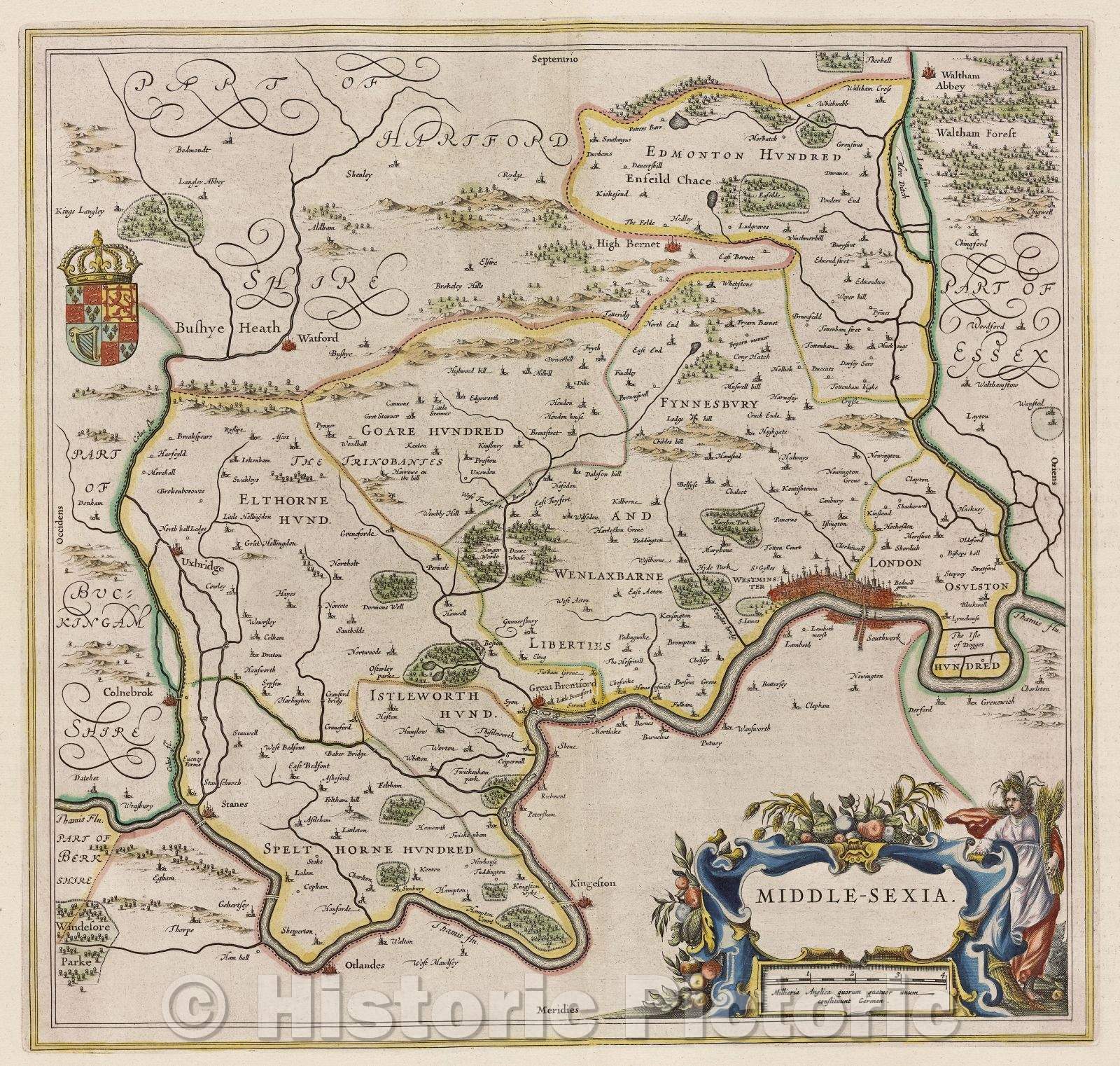 Historic Map : Middle-sexia., c. 1664 , Vintage Wall Art