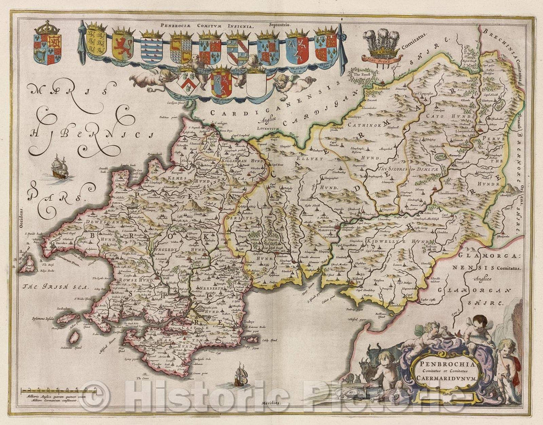 Historic Map : Penbrochia comitatus et comitatus Caermaridunum., c. 1664 , Vintage Wall Art