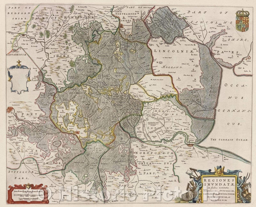 Historic Map : Regiones Inundatae infinibus comitatus Norfolciae, Suffolciae, Cantabrigiae, Huntingtoniae Northamtoniae, et Lincolniae, c. 1664 , Vintage Wall Art