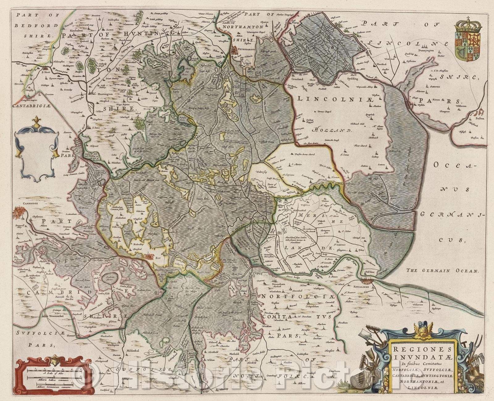 Historic Map : Regiones Inundatae infinibus comitatus Norfolciae, Suffolciae, Cantabrigiae, Huntingtoniae Northamtoniae, et Lincolniae, c. 1664 , Vintage Wall Art