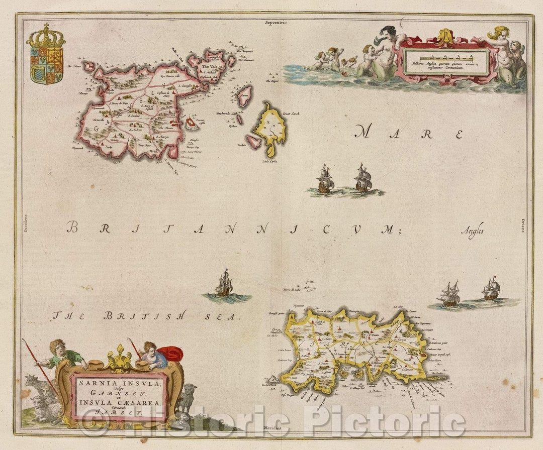 Historic Map : Sarnia insula, vulgo Garnsey: et Insula Caesarea, vernacule Jarsey., c. 1664 , Vintage Wall Art