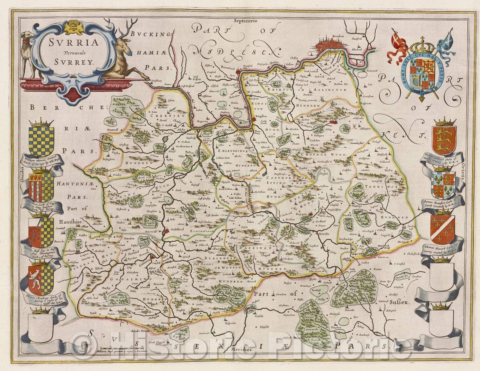 Historic Map : Surria vernacule Surrey., c. 1664 , Vintage Wall Art