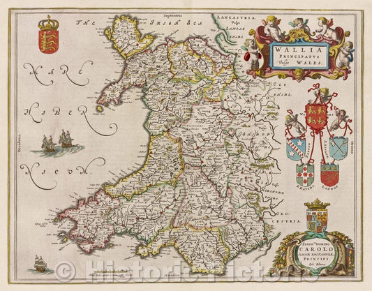 Historic Map : Wallia principatus vulgo Wales., c. 1664 , Vintage Wall Art