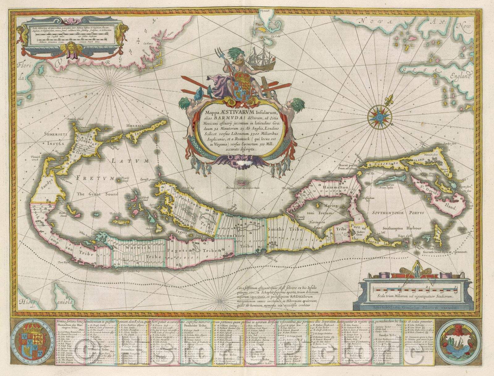 Historic Map : Mappa Aestivarum insularum, alias Barmudas dictarum, ad ostia Mexicani aestuarij jacentium in latitudine graduum 32 minutorum 25 ad Anglia, c. 1664 , Vintage Wall Art
