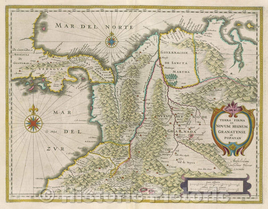 Historic Map : Terra firma et Novum Regnum Granatense et Popayan, c. 1664 , Vintage Wall Art