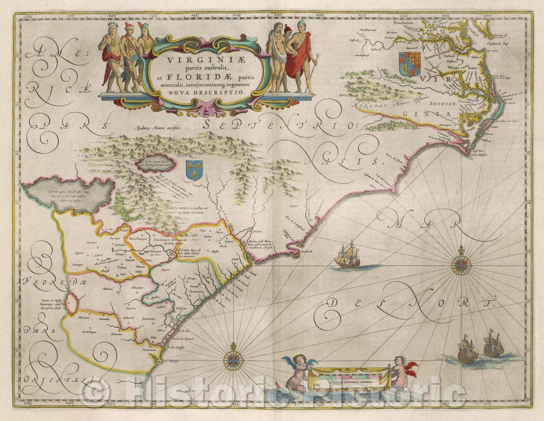 Historic Map : Virginiae partis australis, et Floridae partis orientalis, interjacentiumque regionum nova descriptio., c. 1664 , Vintage Wall Art