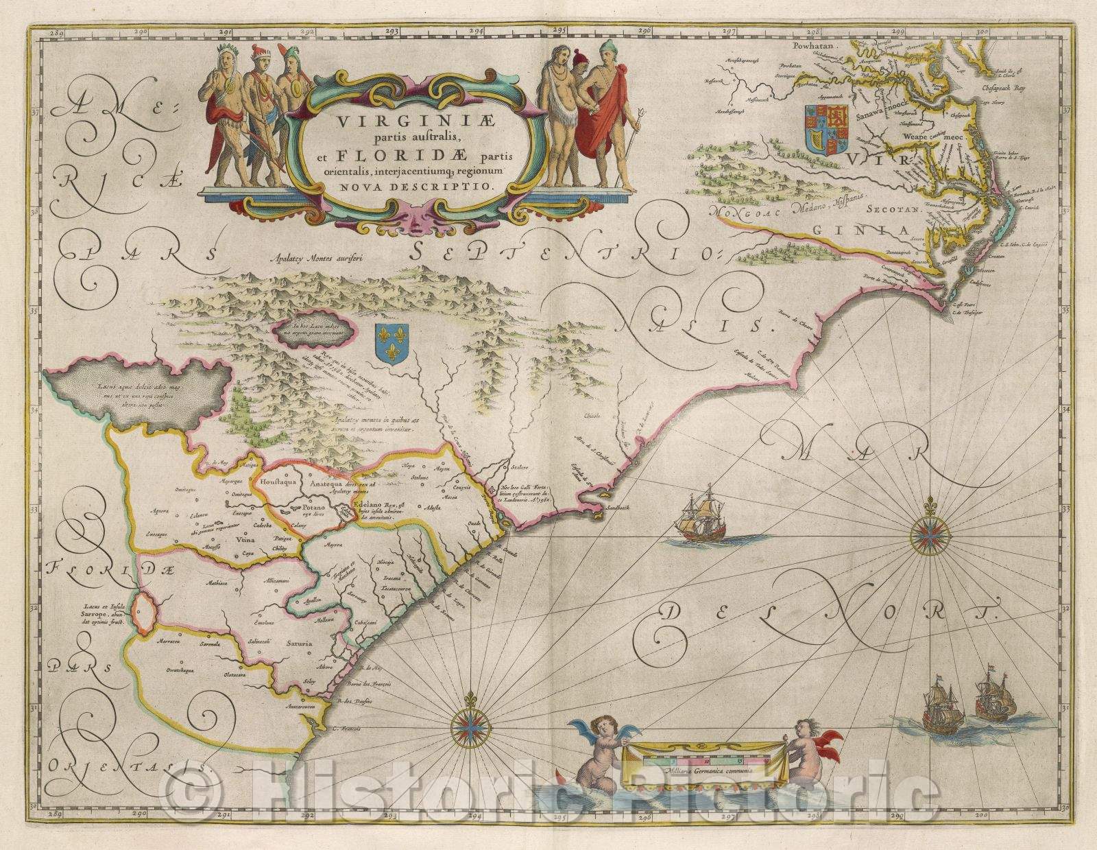 Historic Map : Virginiae partis australis, et Floridae partis orientalis, interjacentiumque regionum nova descriptio., c. 1664 , Vintage Wall Art