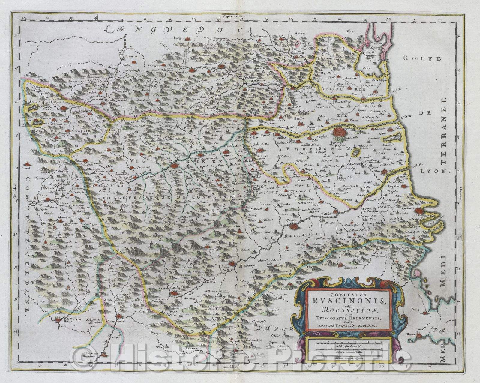 Historic Map : Comitatus Ruscinonis, vulgo Roussillon, in quo Episcopatus Helenensis, Gallice Evesche d'Esne ou de Perpignan., c. 1664 , Vintage Wall Art