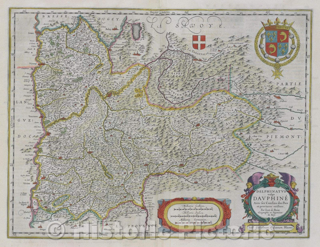 Historic Map : Delphinatus vulgo Dauphine avec les confins de Pais et provinces voisines par Jean de Beins Geographe et Ingenieur du Roy. Apud Guiljelmum et Joannem, c. 1664 , Vintage Wall Art