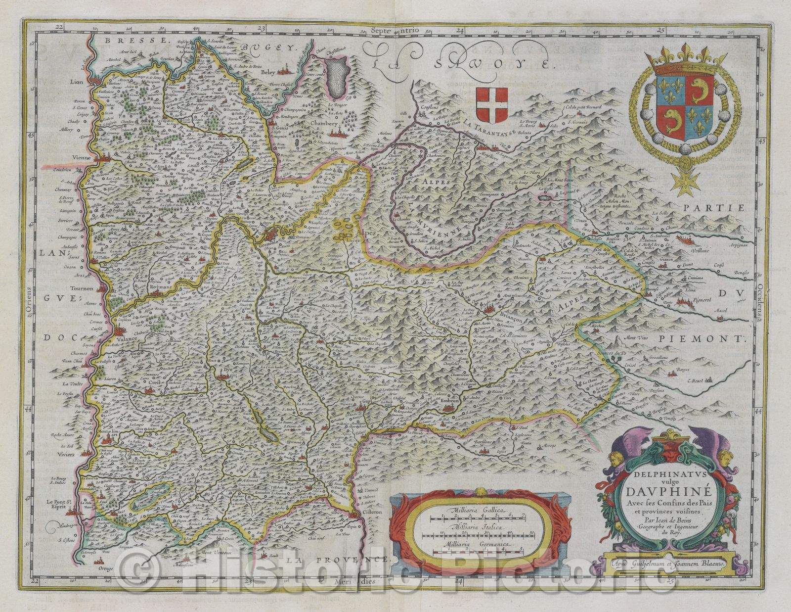 Historic Map : Delphinatus vulgo Dauphine avec les confins de Pais et provinces voisines par Jean de Beins Geographe et Ingenieur du Roy. Apud Guiljelmum et Joannem, c. 1664 , Vintage Wall Art
