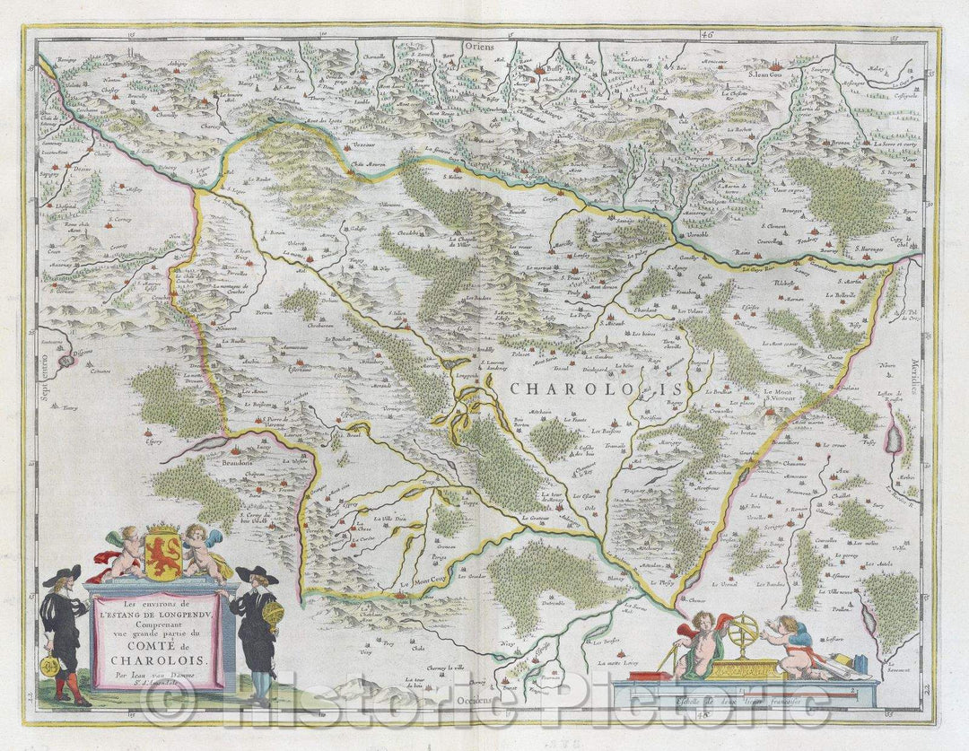 Historic Map : La environs de l'Estang de Longpendu, comprenant une grande partie du Comte de Charolois. Par Jean van Damme Sr. d'Amendale, c. 1664 , Vintage Wall Art