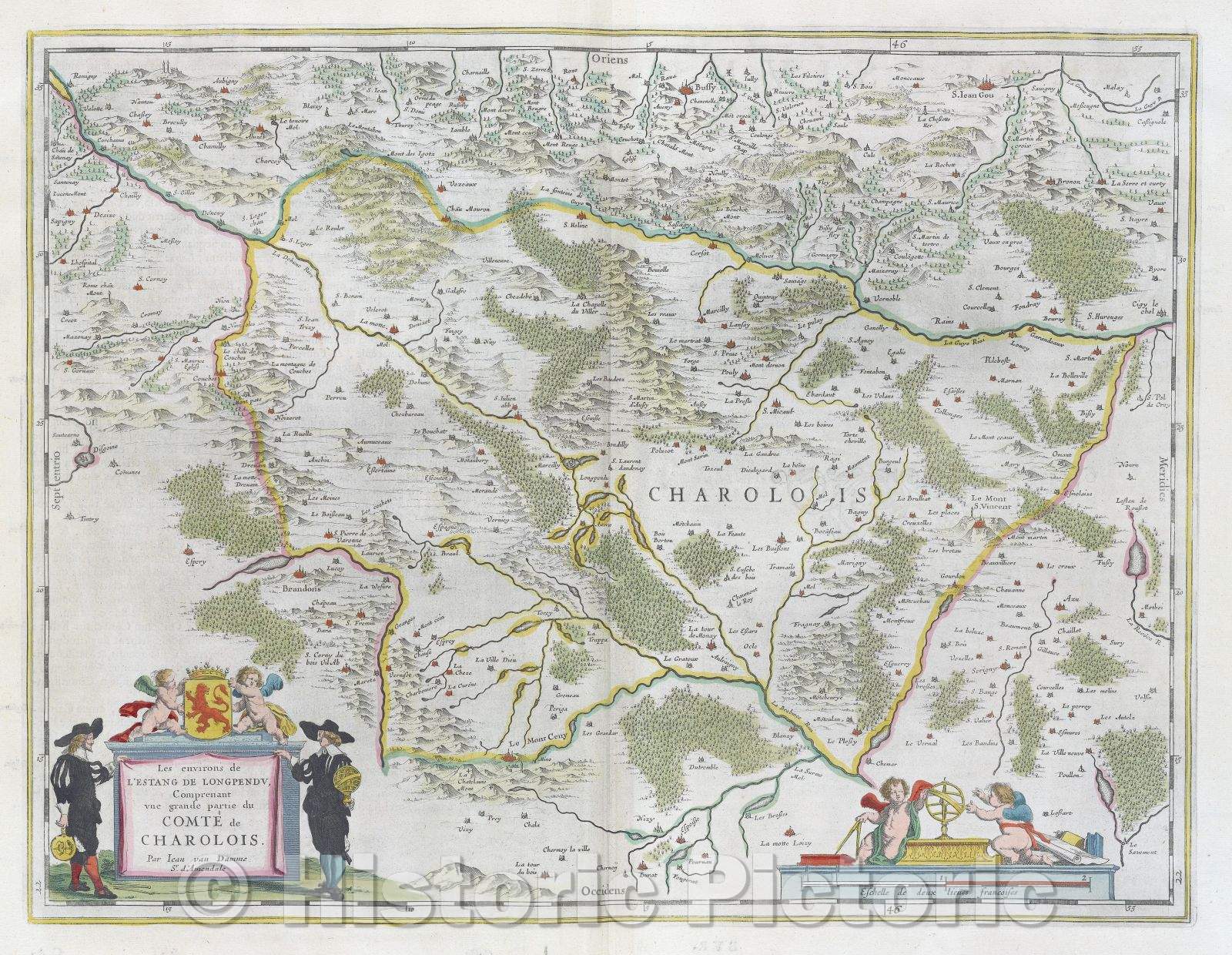 Historic Map : La environs de l'Estang de Longpendu, comprenant une grande partie du Comte de Charolois. Par Jean van Damme Sr. d'Amendale, c. 1664 , Vintage Wall Art