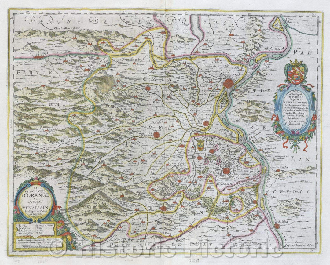 Historic Map : La principaute D'Orange et comtat de Venaissin par Jaques de Chieze Orangeois. 1627., c. 1664 , Vintage Wall Art