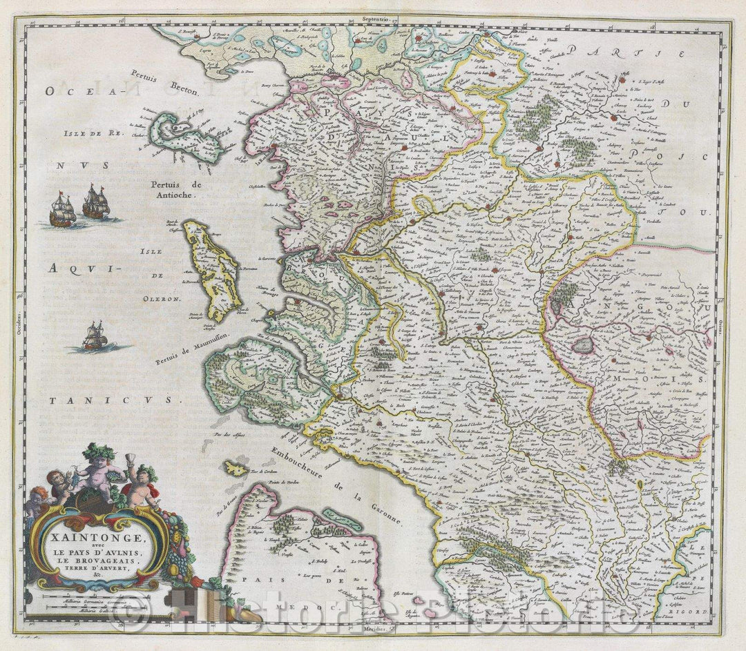 Historic Map : Xaintonge, avec le Pays d' Avlnis, le Brovageais, Terre d' Arvert, andc., c. 1664 , Vintage Wall Art