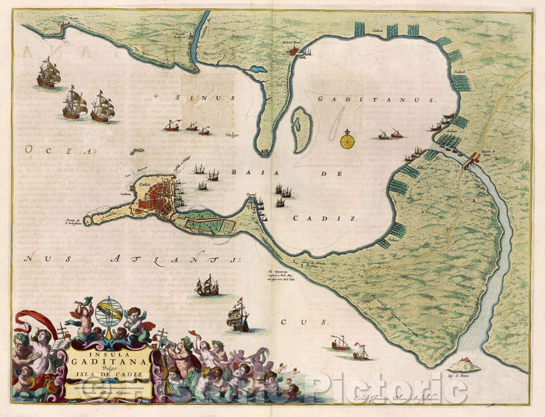 Historic Map : Insula Gaditana Vulgo Isla de Cadiz, c. 1664 , Vintage Wall Art