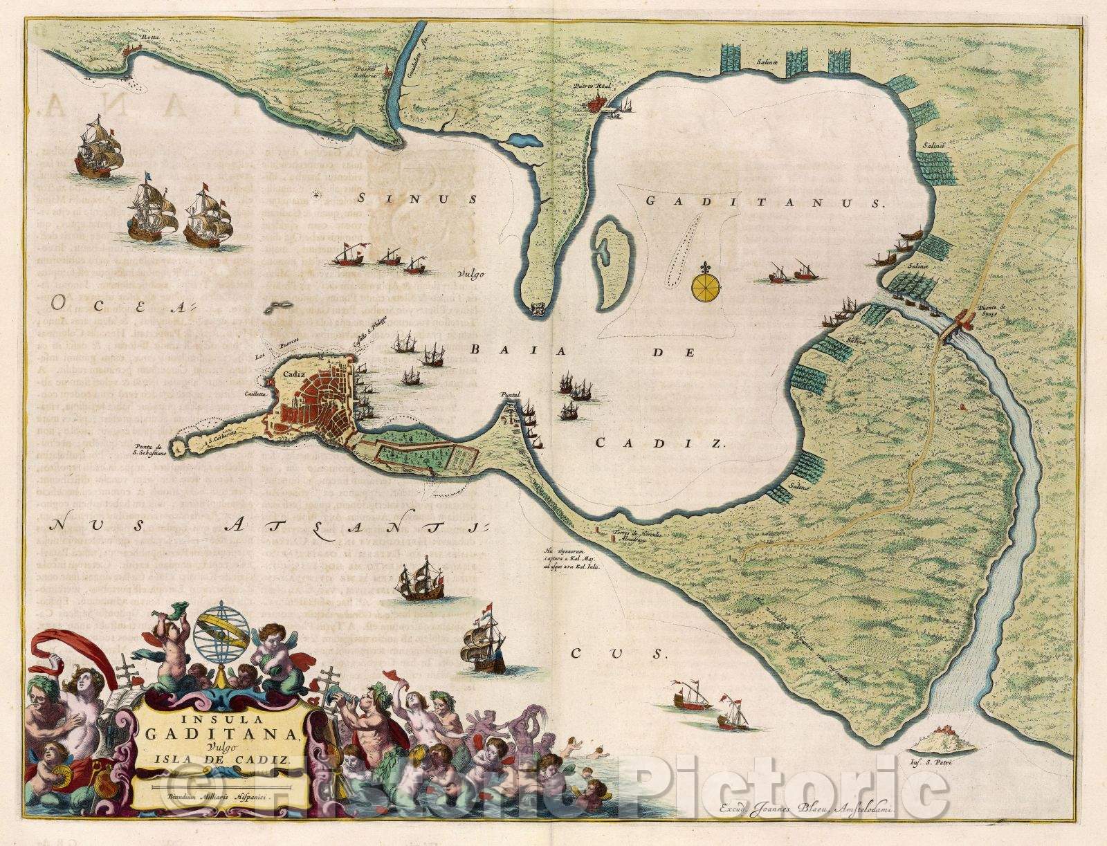 Historic Map : Insula Gaditana Vulgo Isla de Cadiz, c. 1664 , Vintage Wall Art