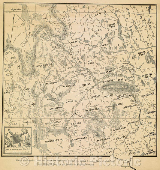 Historic Map : Map of the Rangeley Lakes and Dead River Regions, as Reached via. Boston and Maine, Maine Central, Sandy River, c. 1920 , Vintage Wall Art