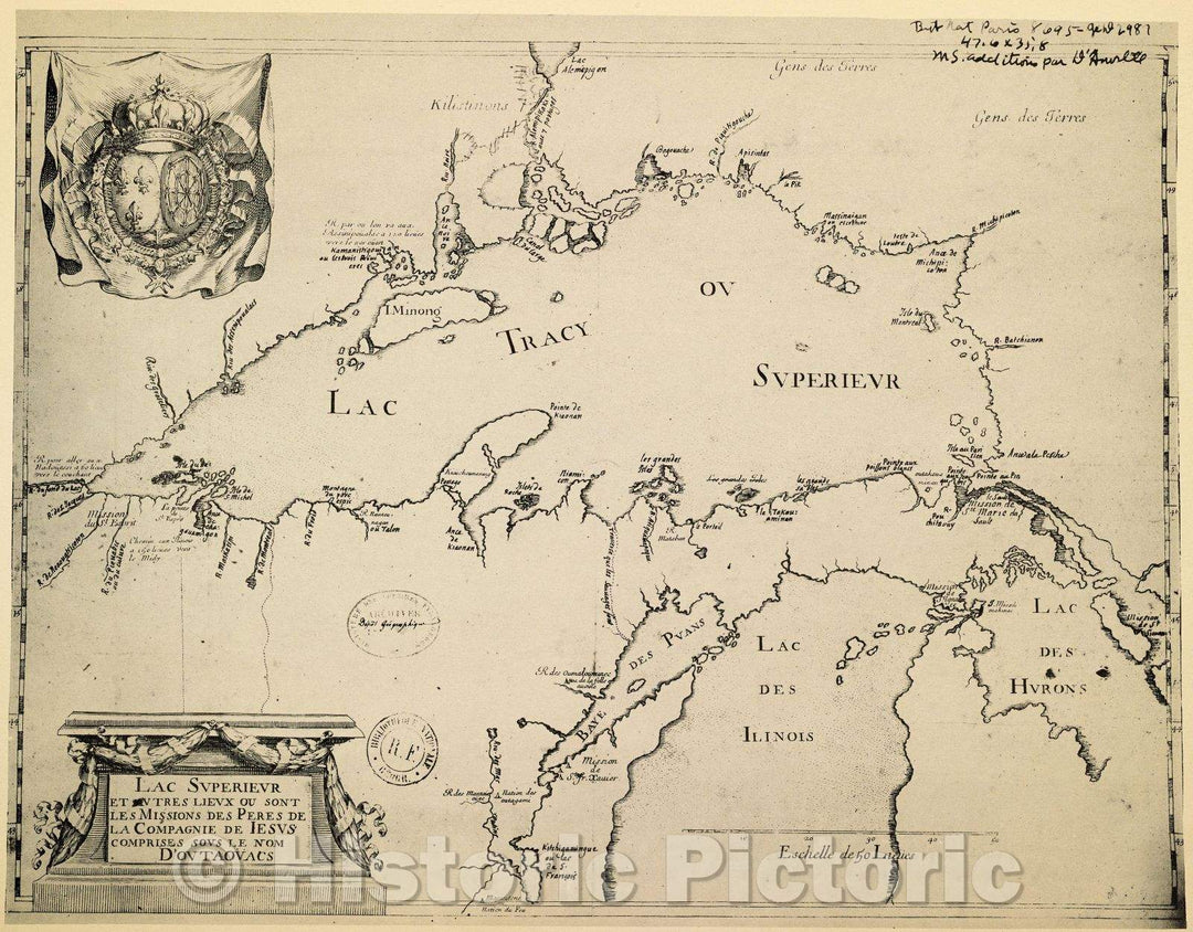 Historic Map : Plate I Lac Superieur et autres lieux ou sont les Missions des Peres de la Compagnie de Jesus comprises sous le nom D'outaouacs 1942 copy of 1671 orig, c. 1671 , Vintage Wall Art
