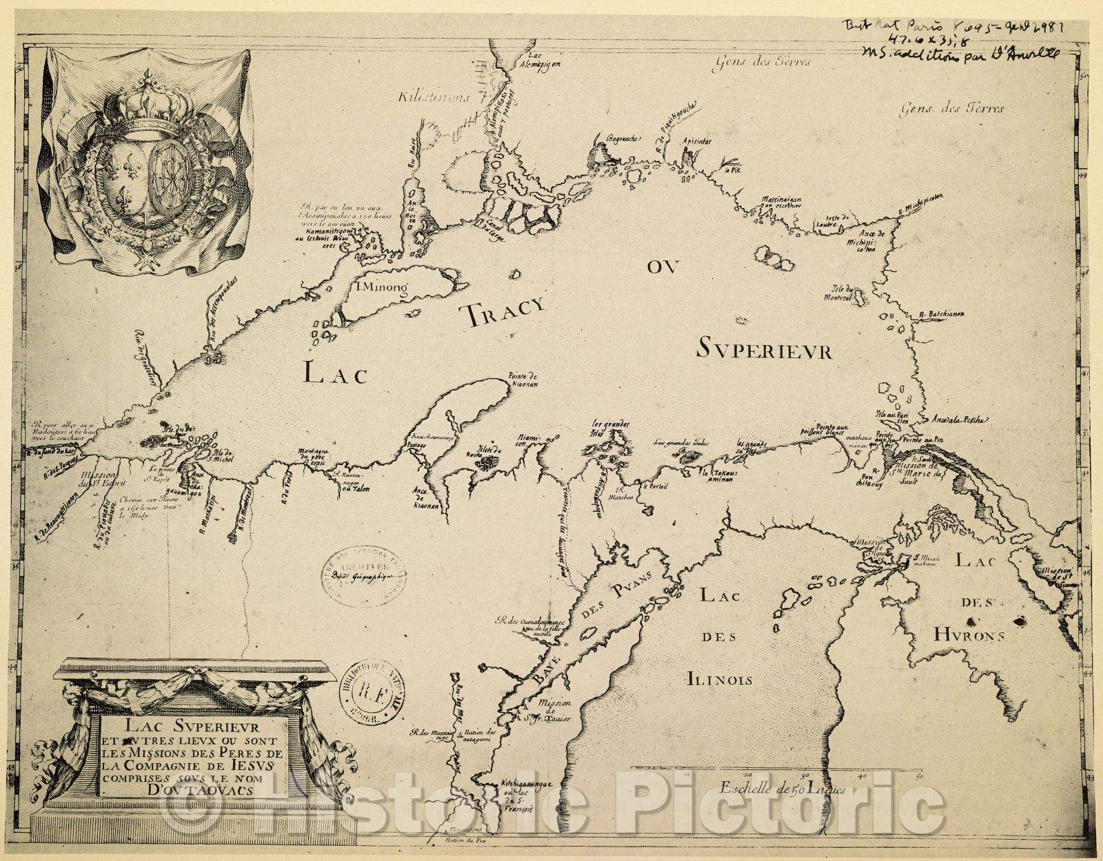 Historic Map : Plate I Lac Superieur et autres lieux ou sont les Missions des Peres de la Compagnie de Jesus comprises sous le nom D'outaouacs 1942 copy of 1671 orig, c. 1671 , Vintage Wall Art