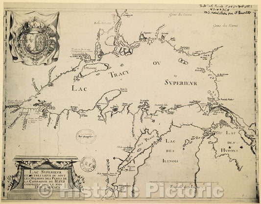 Historic Map : Plate I Lac Superieur et autres lieux ou sont les Missions des Peres de la Compagnie de Jesus comprises sous le nom D'outaouacs 1942 copy of 1671 orig, c. 1671 , Vintage Wall Art