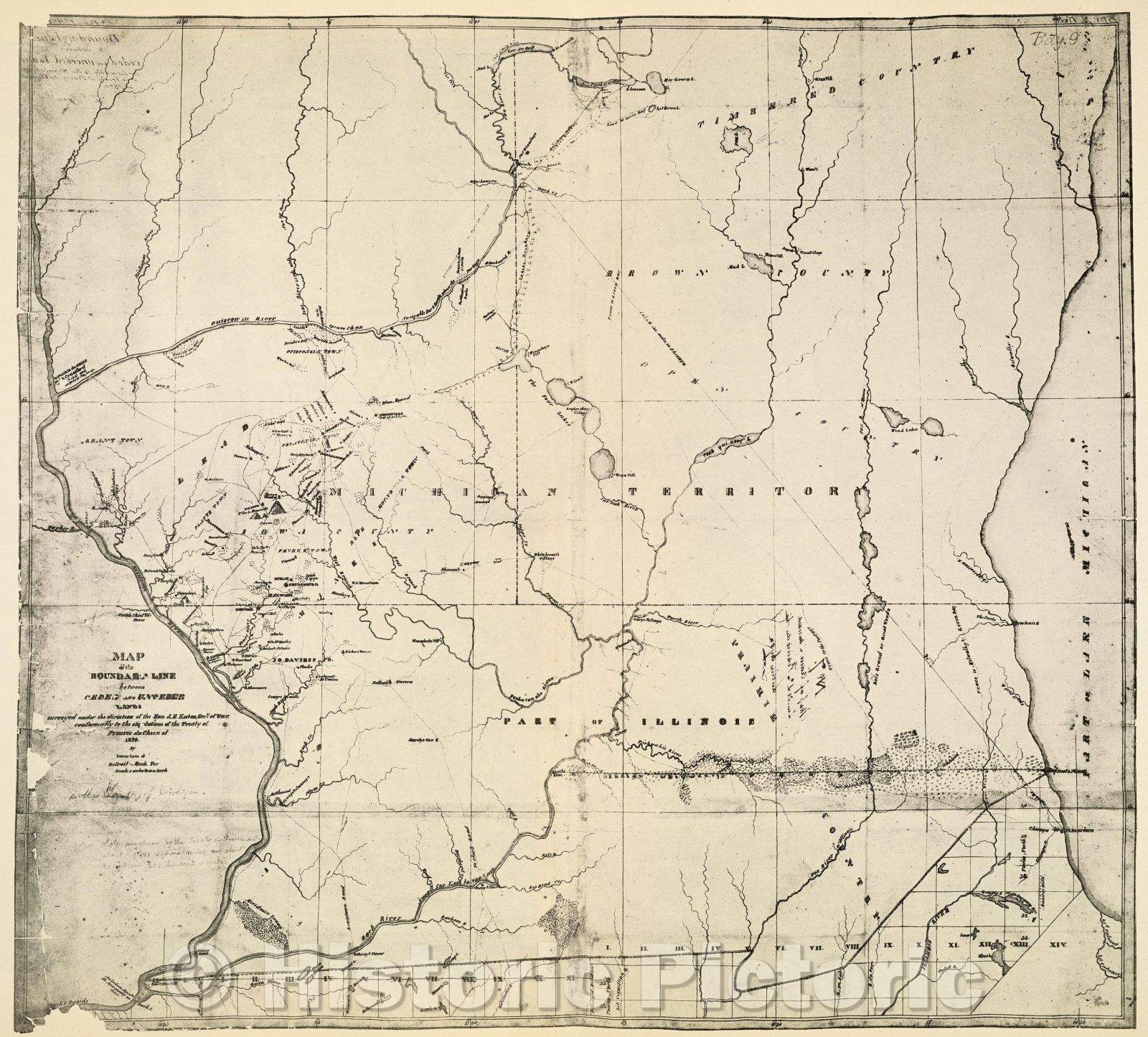 Historic Map : Plate LII Map of the Boundary Line between Ceded and Unceded Lands surveyed under the direction of the Hon. J. H. Eaton, Sec. of War, c. 1830 , Vintage Wall Art