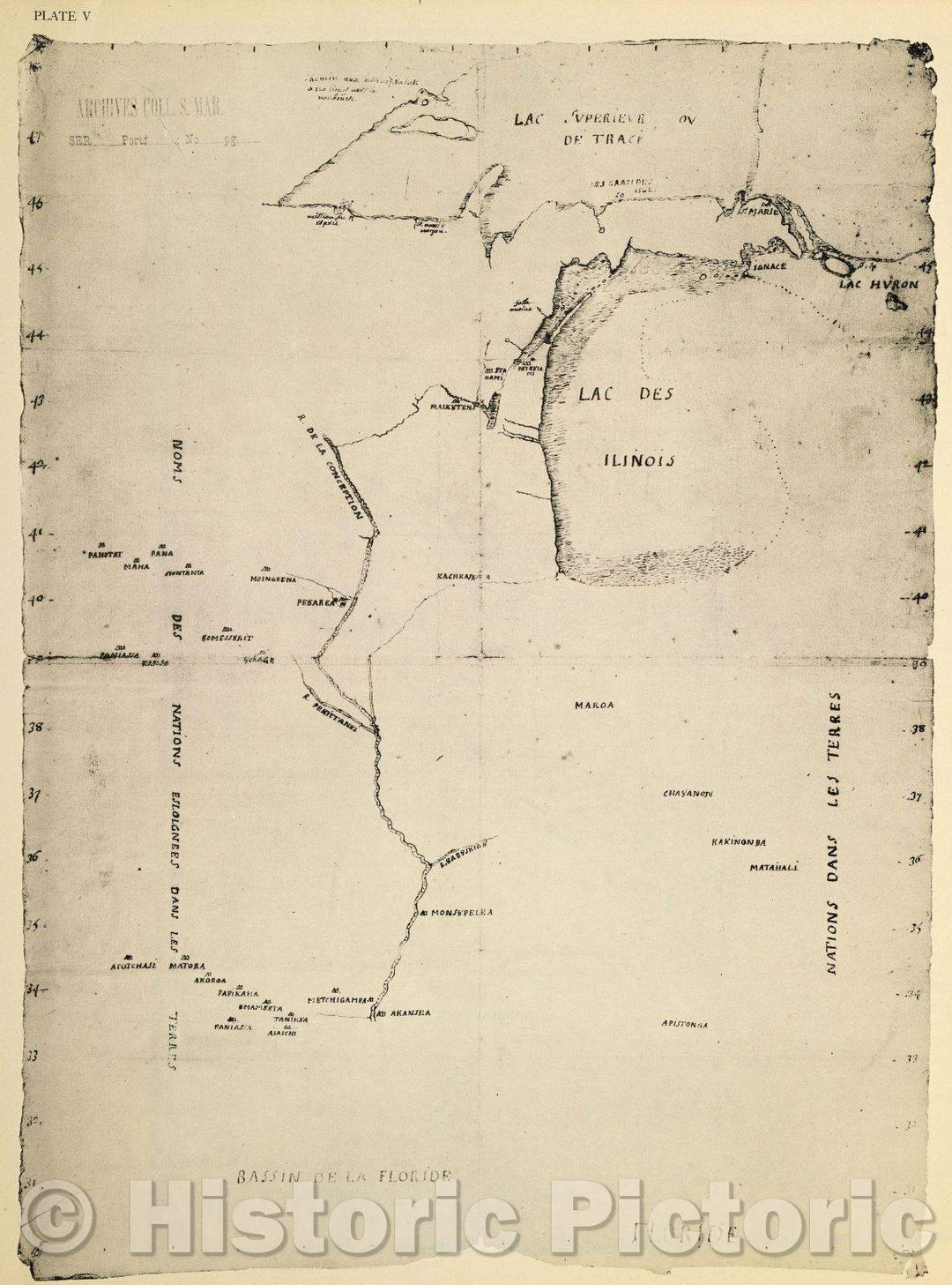 Historic Map : Plate V The Marquette map of 1673-1674 1942 copy of 1673 original, c. 1674 , Vintage Wall Art