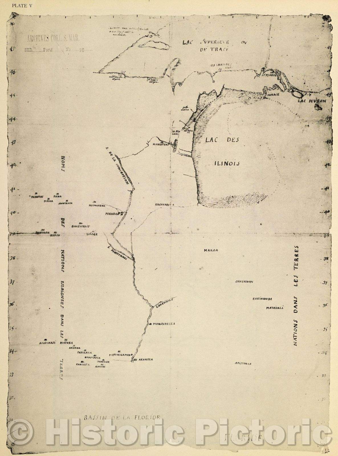 Historic Map : Plate V The Marquette map of 1673-1674 1942 copy of 1673 original, c. 1674 , Vintage Wall Art