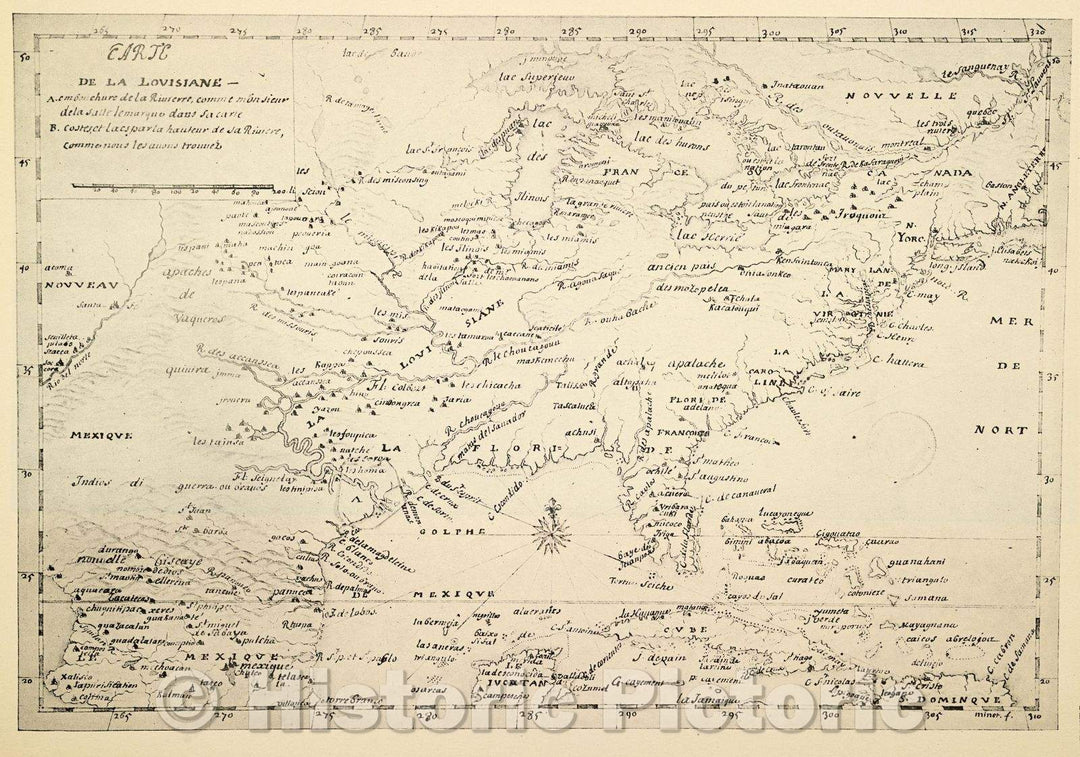 Historic Map : Plate VII Carte de la Louisiane A. embouchure de la Rivierre, comme monsieur de la Salle le marque dans sa carte B. costes, et lacs par la hauteur, c. 1685 , Vintage Wall Art