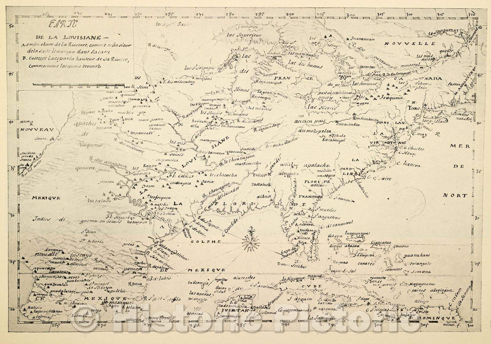 Historic Map : Plate VII Carte de la Louisiane A. embouchure de la Rivierre, comme monsieur de la Salle le marque dans sa carte B. costes, et lacs par la hauteur, c. 1685 , Vintage Wall Art