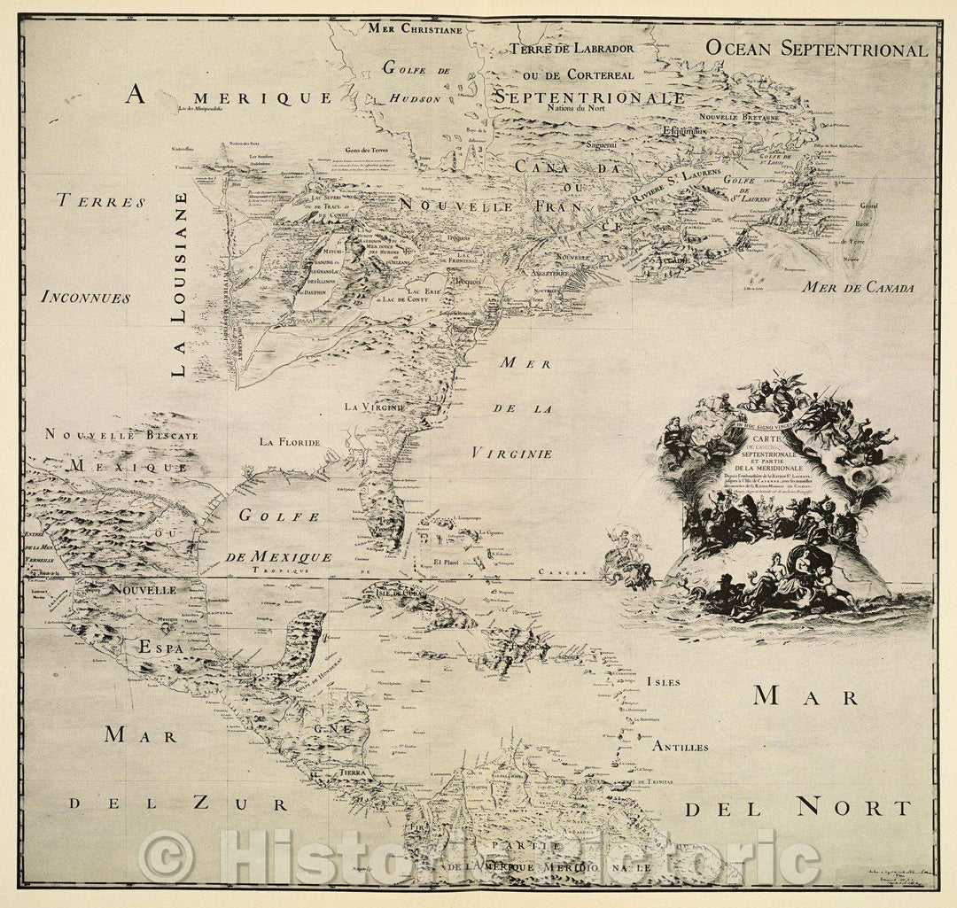 Historic Map : Plate VIII Carte de l'Amerique septentrionale et partie de la meridionale depuis l'embouchure de la Riviere St. Laurens, jusques a l'Isle de Cayenne, c. 1682 , Vintage Wall Art