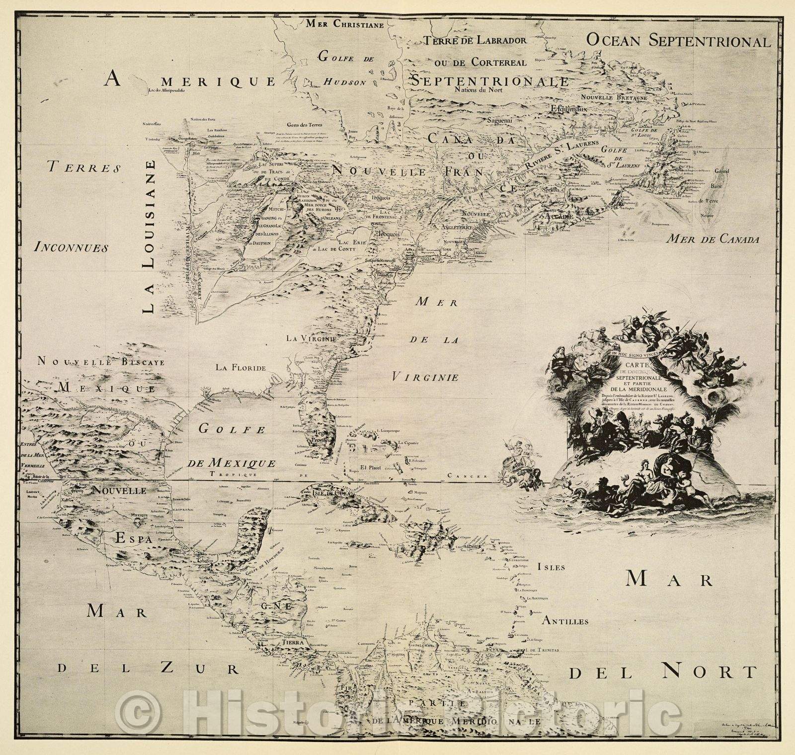 Historic Map : Plate VIII Carte de l'Amerique septentrionale et partie de la meridionale depuis l'embouchure de la Riviere St. Laurens, jusques a l'Isle de Cayenne, c. 1682 , Vintage Wall Art