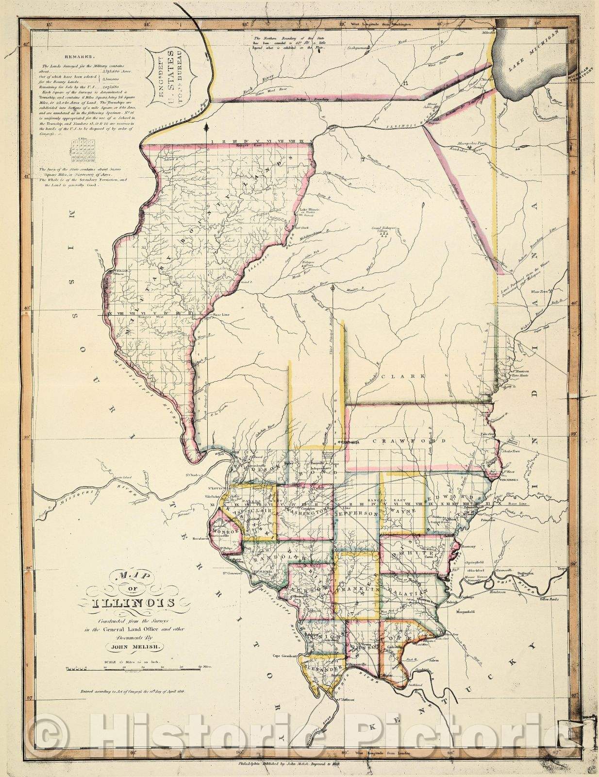 Historic Map : Plate XLVI Map of Illinois Constructed from Surveys in the General Land Office and other Documents By John Melish 1942 copy of 1819 original, 1819 , Vintage Wall Art