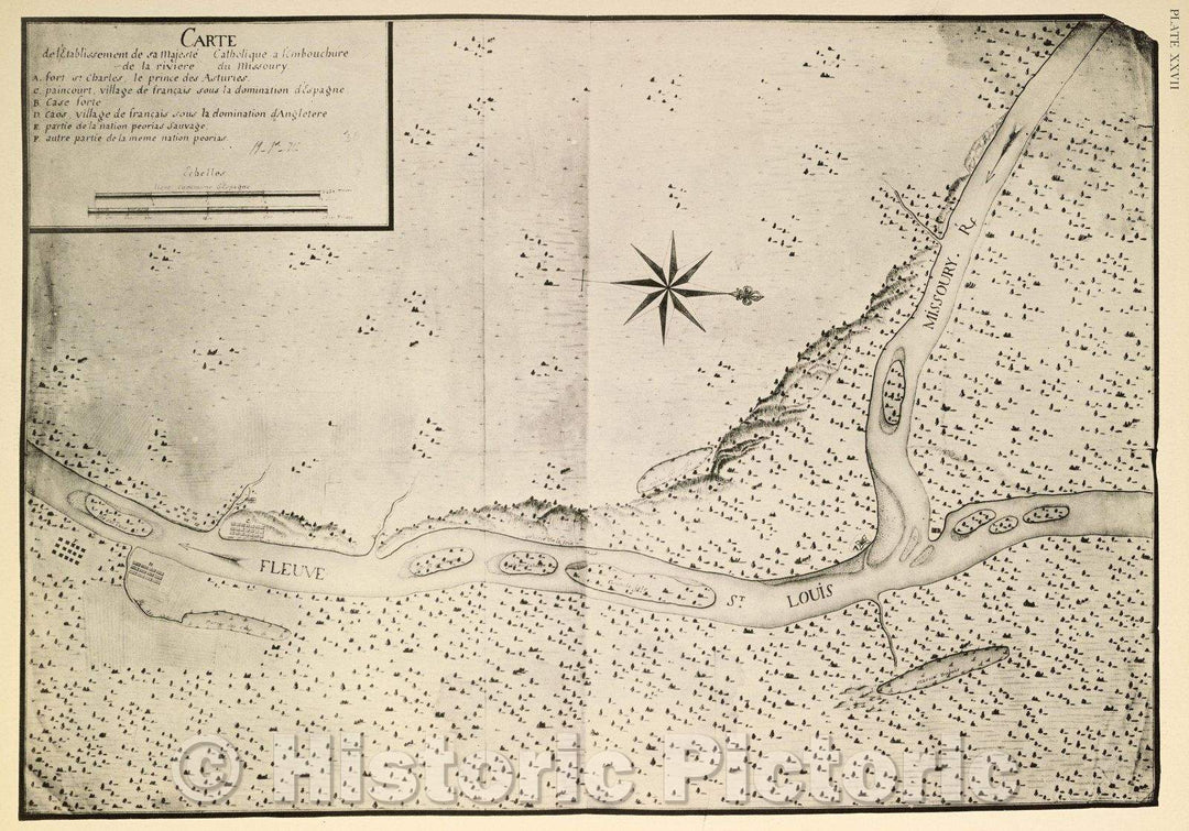 Historic Map : Plate XXVII Carte de l'Etablissement de sa Majeste Catholique a l'Embouchure de la reiviere du Missoury. 1942 copy of 1770 original, c. 1770 , Vintage Wall Art