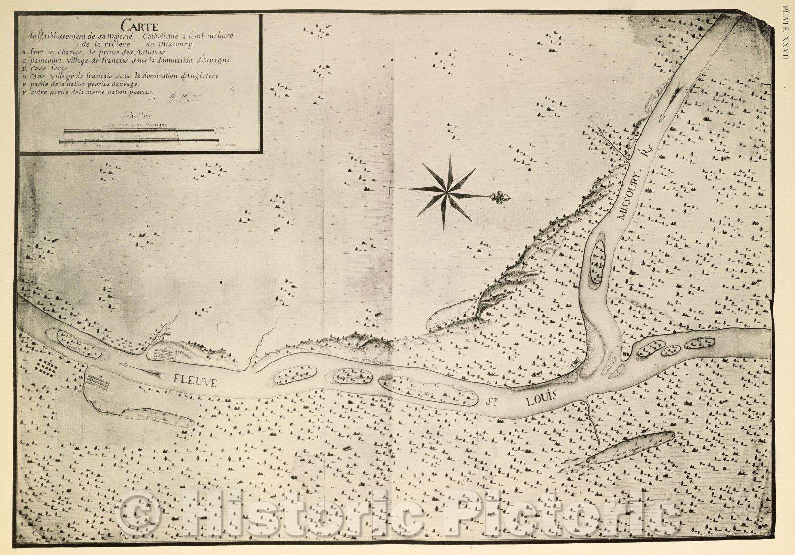 Historic Map : Plate XXVII Carte de l'Etablissement de sa Majeste Catholique a l'Embouchure de la reiviere du Missoury. 1942 copy of 1770 original, c. 1770 , Vintage Wall Art