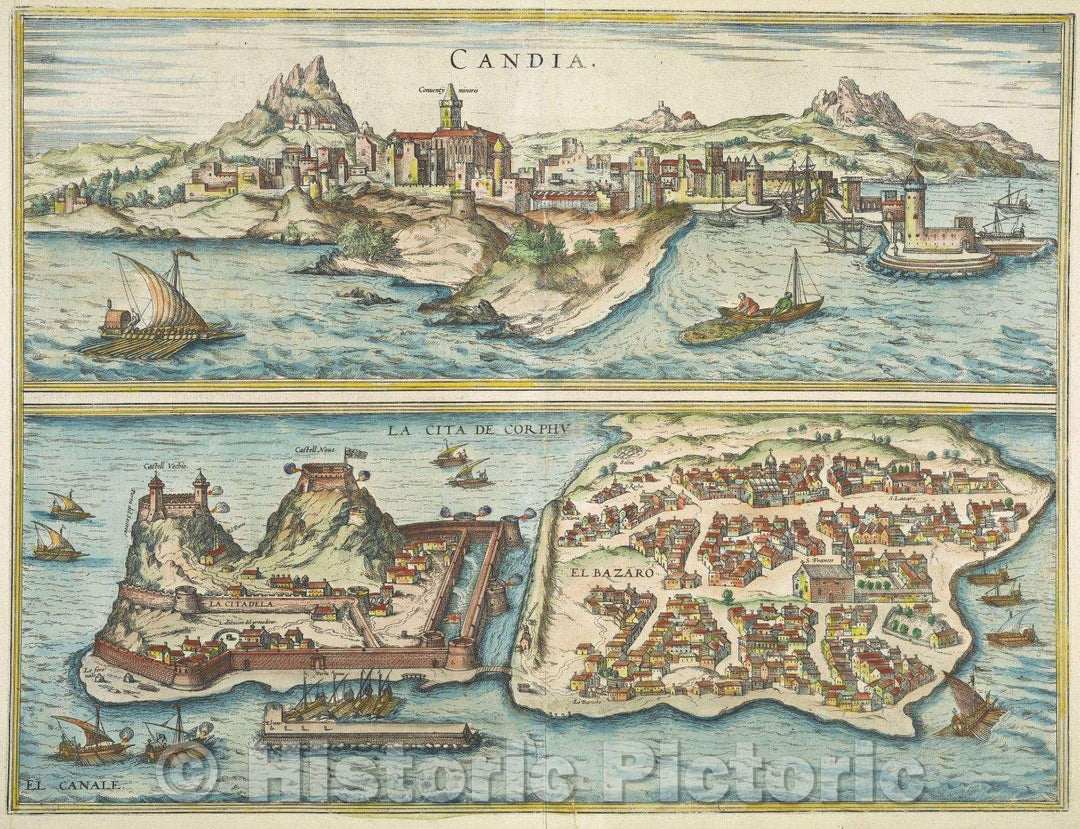 Historic Map : Candia  La Cita de Corphu, 1572 , Vintage Wall Art