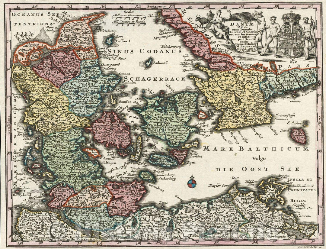 Historic Map : Daniae Reg. cum ducatu Holsatiae et Slesvici nec non Ins Danicae et Jutia cum part Scaniae excus, 1730 , Vintage Wall Art