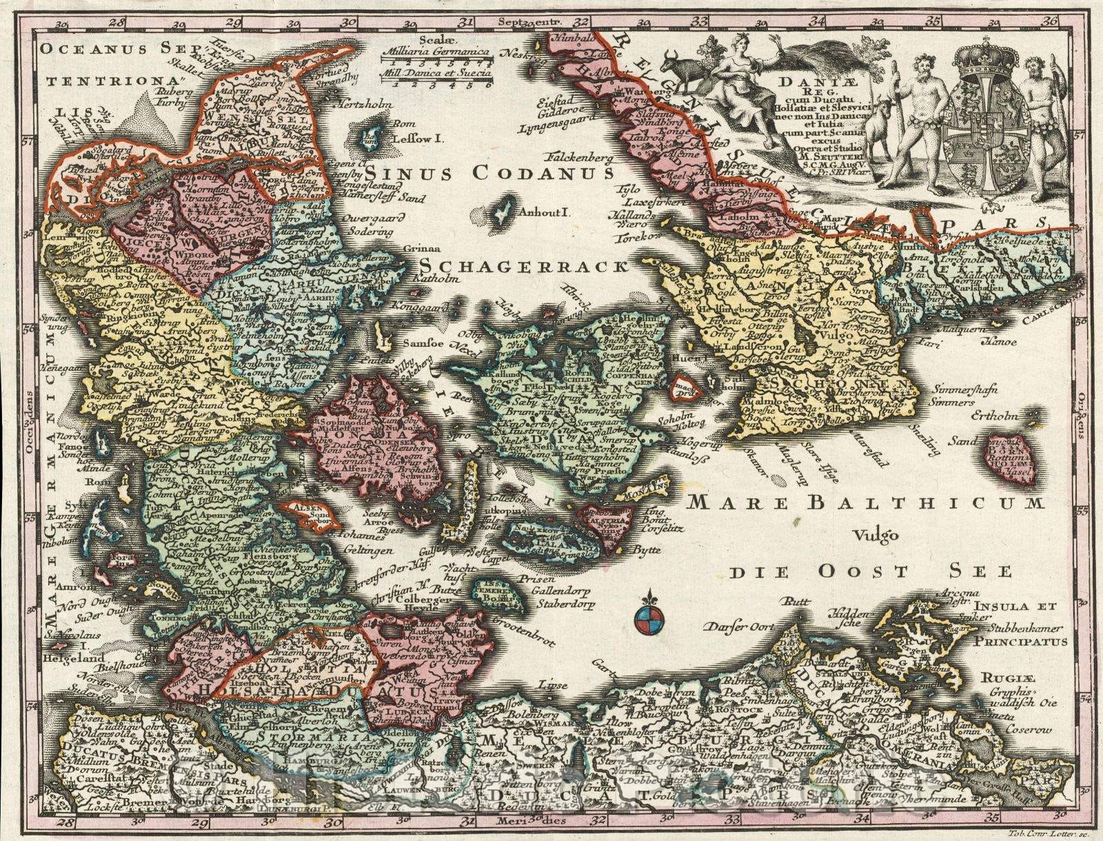 Historic Map : Daniae Reg. cum ducatu Holsatiae et Slesvici nec non Ins Danicae et Jutia cum part Scaniae excus, 1730 , Vintage Wall Art