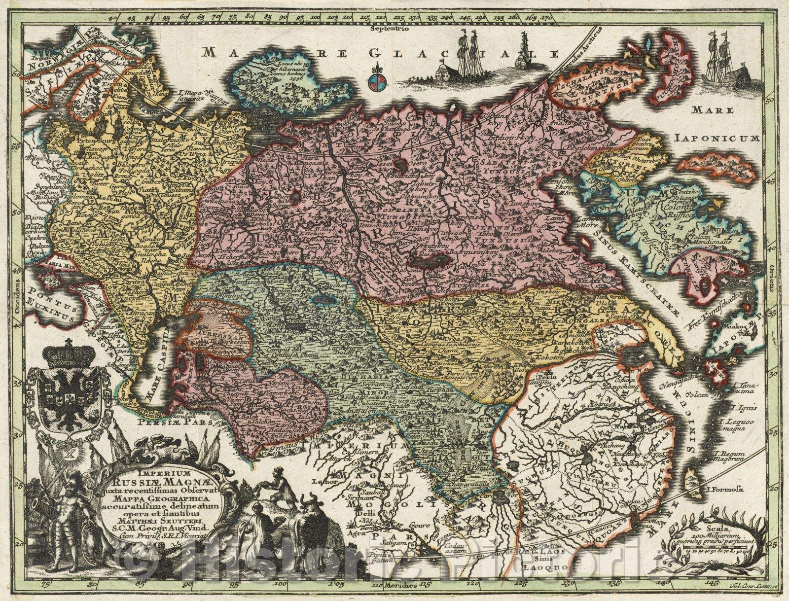 Historic Map : Imperium Russiae Magnae juxta recentissimas Observat. Mappa Geographica accuratissime delineatum opera et sumptibus Matthaei Seutteri, 1730 , Vintage Wall Art