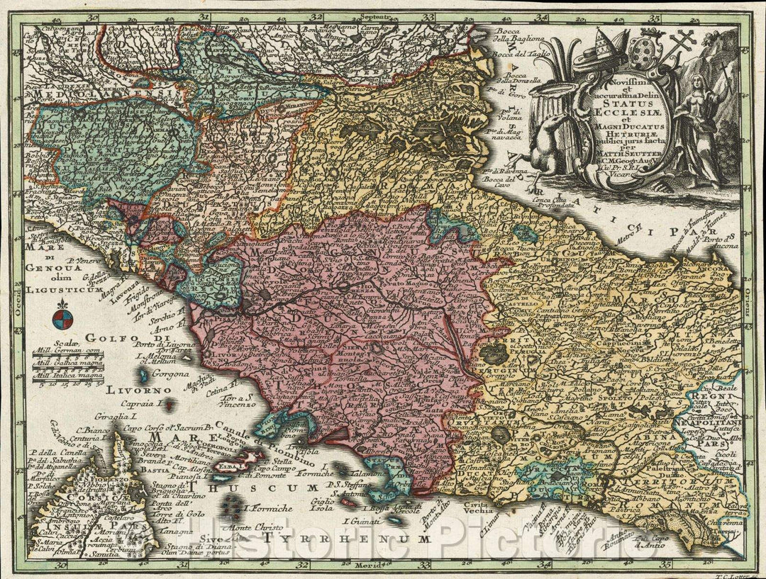 Historic Map : Novissima et accuratma Delin Status Ecclesiae et Magni Ducatus Hetruriae publici juris facta per Matth. Seutter S. C. M. Geogr. Aug. V. Cu Pr. S. R. I, 1730 , Vintage Wall Art