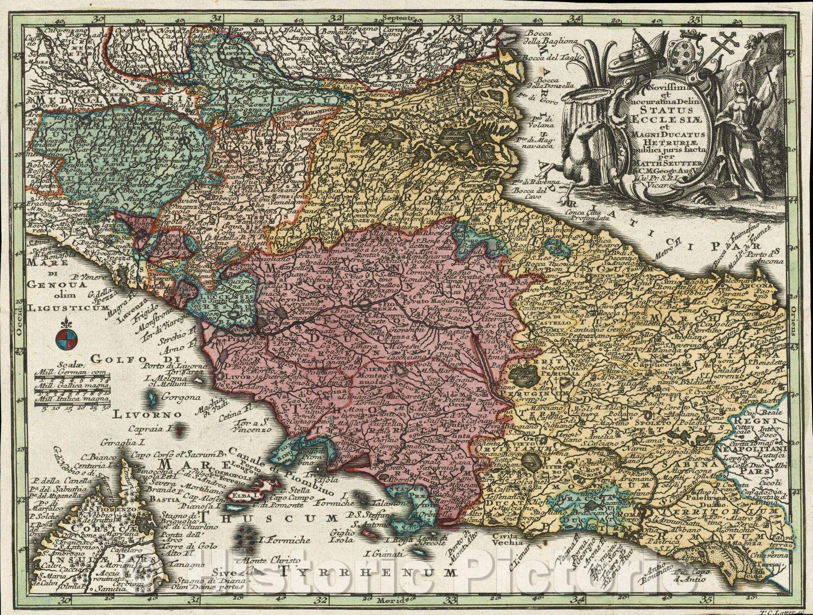 Historic Map : Novissima et accuratma Delin Status Ecclesiae et Magni Ducatus Hetruriae publici juris facta per Matth. Seutter S. C. M. Geogr. Aug. V. Cu Pr. S. R. I, 1730 , Vintage Wall Art