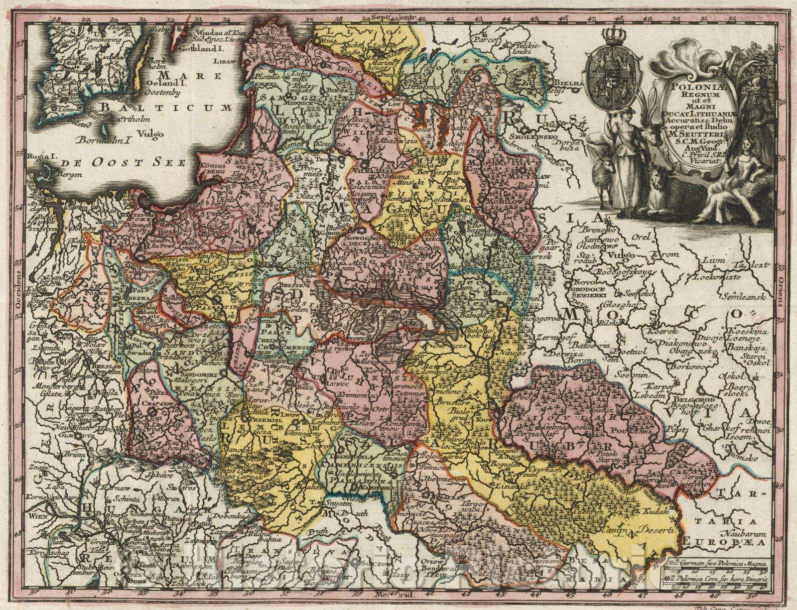 Historic Map : Poloniae Regnum ut et Magni Ducat. Lithuaniae Accuratiss: Delin. opera et studio M. Seutteri S.C.M. Geogr. Aug. Vind. C. Privil. S. R. I. Vicariat., 1730 , Vintage Wall Art