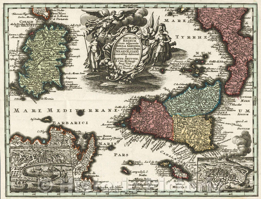Historic Map : Messina urbs cu caste Il. Condit Sancitis Caes Duc se tradidit 1719; Cataneae urb eique vicini Ms. Aetnae in Sicili prospectus, 1719 , Vintage Wall Art