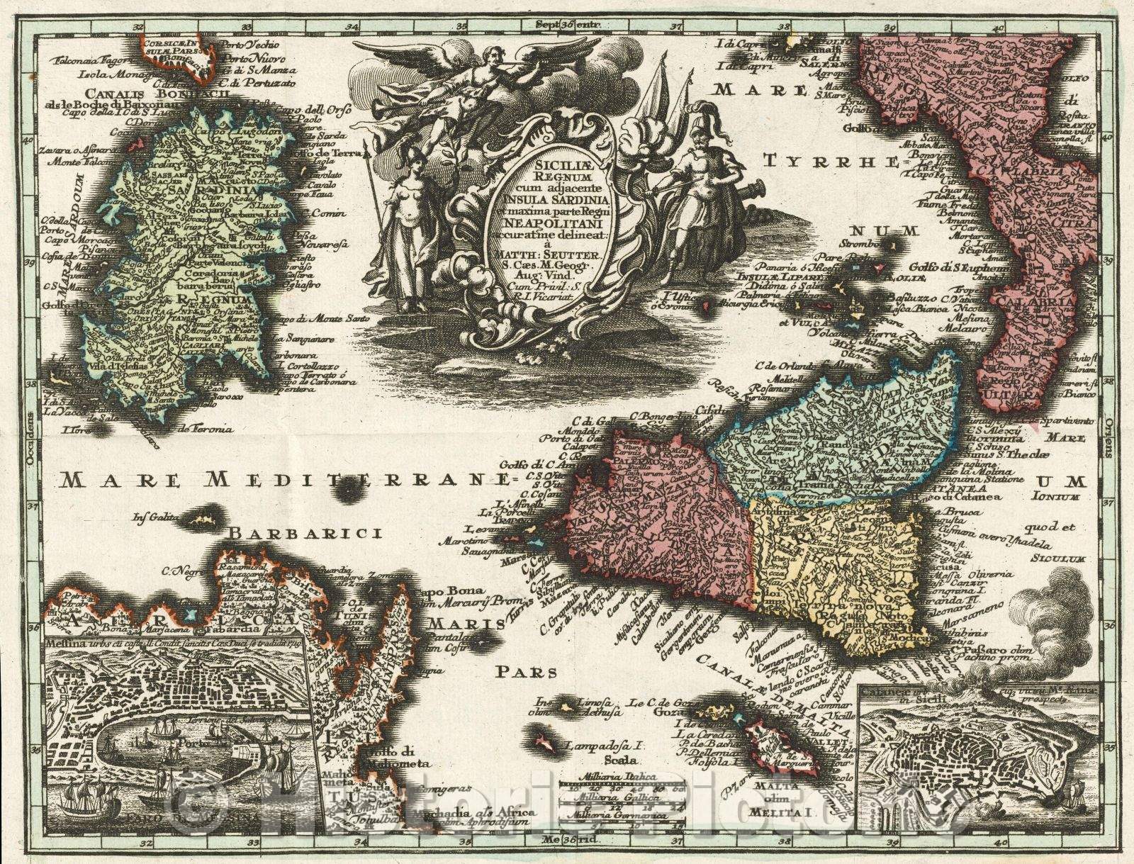 Historic Map : Messina urbs cu caste Il. Condit Sancitis Caes Duc se tradidit 1719; Cataneae urb eique vicini Ms. Aetnae in Sicili prospectus, 1719 , Vintage Wall Art