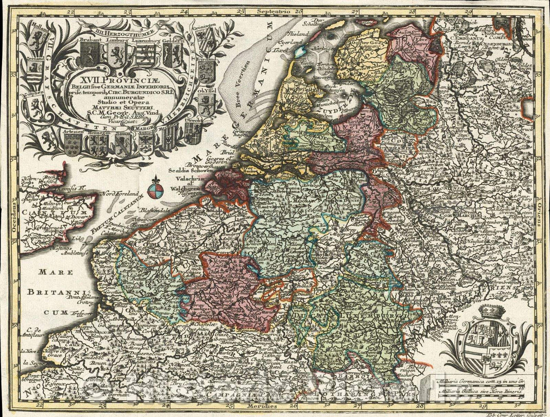 Historic Map : XVII. Provinciae Belgii sive Germaniae Inferioris prisc. temporibus Circ. Burgundico S. R. I. annumeratae Studio et Opera Matthaei Seutteri S. C. M. G, 1730 , Vintage Wall Art