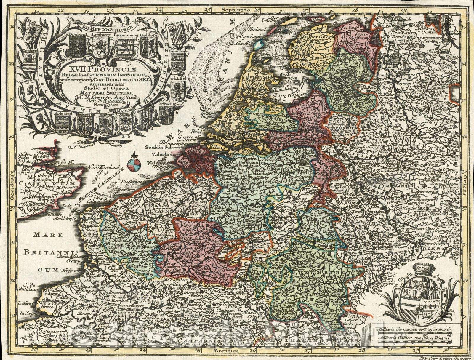 Historic Map : XVII. Provinciae Belgii sive Germaniae Inferioris prisc. temporibus Circ. Burgundico S. R. I. annumeratae Studio et Opera Matthaei Seutteri S. C. M. G, 1730 , Vintage Wall Art