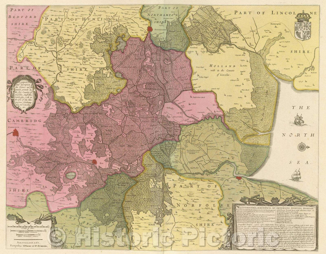 Historic Map : A general Plott and description of the Fennes and surrounded grounds in the Sixe Counties of Norfolke, Suffolke, Cambridge, within the Isle of Ely, c. 1708 , Vintage Wall Art